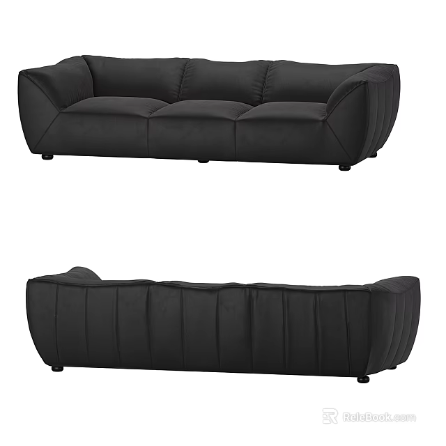 Modern Black Velvet Three Seater Sofa With Tufted Design And Sleek Lines 3d model 