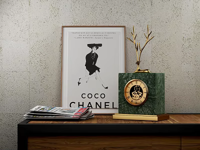 Green Clock With Gold Base On Wooden Cabinet Near Coco Chanel Poster And Newspaper 3d model