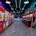 Modern Game Arcade with Racing Gaming Machines Colorful Neon Lights Shiny Floor and Entertainment Atmosphere
