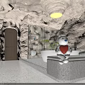Cave Style Hotel Room with Starry Sky Ceiling Canopy Curtains Cozy Bed and Potted Plant
