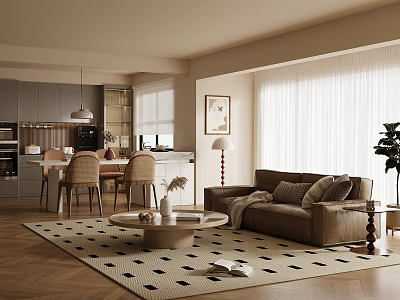 Cozy Modern Living And Dining Area With Sofa And Coffee Table 3d model