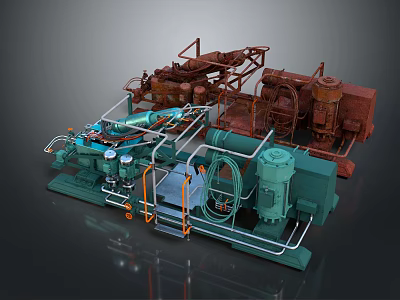 Green And Brown Industrial Machinery Setup With Pipes Control Panels And Metal Frames 3d model