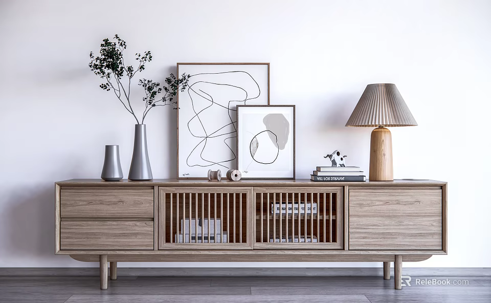 Minimalist Wooden TV Stand With Decorative Paintings Green Plants Table Lamp And Books 3d model 