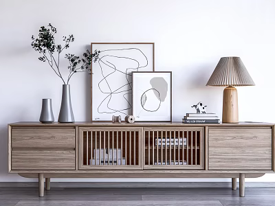Minimalist Wooden TV Stand With Decorative Paintings Green Plants Table Lamp And Books 3d model