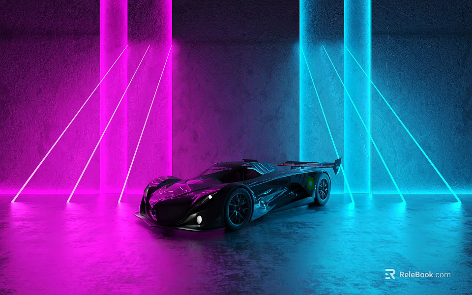 Black Supercar With Sleek Design In Neon Purple And Blue Lighting Environment 3d model 