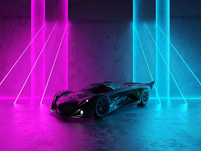 Black Supercar With Sleek Design In Neon Purple And Blue Lighting Environment 3d model