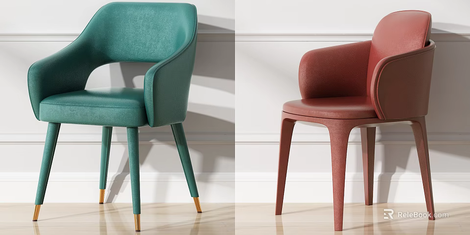 Modern Green and Red Single Chair with Armrests Slim Legs and Gold Accents 3d model 