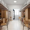 Modern School Dormitory Interior With Bunk Beds Desks Chairs Cabinets And Bright Window