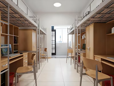 Modern School Dormitory Interior With Bunk Beds Desks Chairs Cabinets And Bright Window 3d model