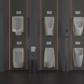 Modern Urinals In Public Restroom With Gray Walls And Trash Bin Design