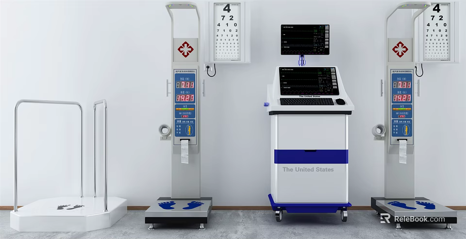 Clinical Medical Equipment Setup Featuring Height Weight Scale Eye Chart Diagnostic Workstation And Handrails 3d model 