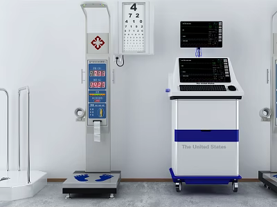 Clinical Medical Equipment Setup Featuring Height Weight Scale Eye Chart Diagnostic Workstation And Handrails 3d model