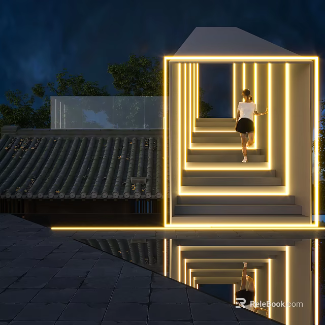 Modern Illuminated Stairs With Neon Lines Traditional Tiled Roof And Water Reflection 3d model 