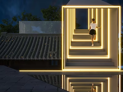 Modern Illuminated Stairs With Neon Lines Traditional Tiled Roof And Water Reflection 3d model