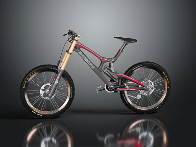 Modern Mountain Bike With Gray Red Frame Golden Fork And Large Wheels 3d model