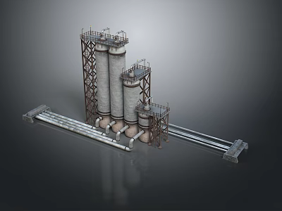 Large Scale Industrial Equipment With Tall Towers Metal Frames And Pipes 3d model