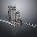 Large Scale Industrial Equipment With Tall Towers Metal Frames And Pipes