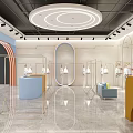 Modern Children's Clothing Store Interior with Arched Design Blue Orange Counters and Display Racks