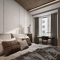 Modern Bedroom Interior With Wooden Headboard Plush Pillows Fluffy Rug And Built-in Shelves