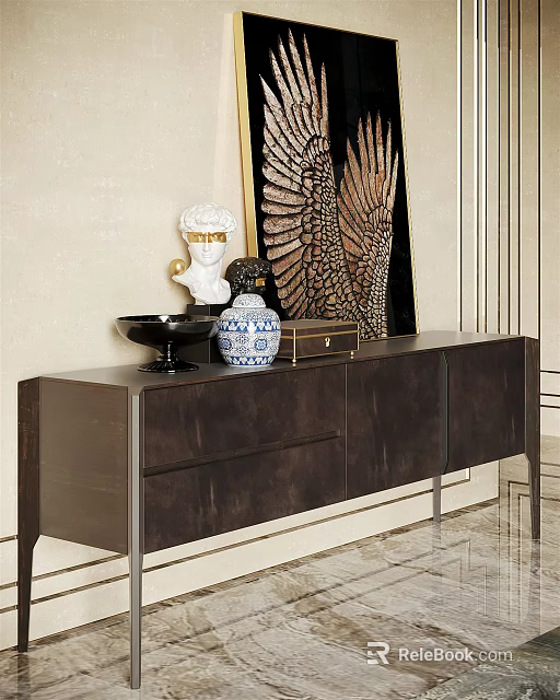 Dark Wood Console Cabinet With Decorative Vases Sculpture And Artwork In Elegant Interior 3d model 