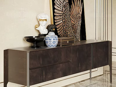 Dark Wood Console Cabinet With Decorative Vases Sculpture And Artwork In Elegant Interior 3d model