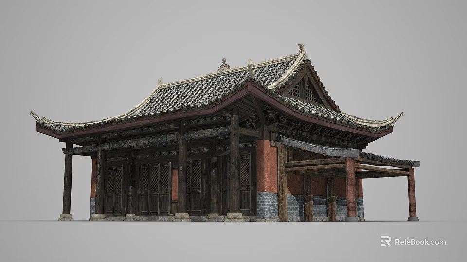 Traditional Ancient Chinese Architecture With Tiled Roof Overhanging Eaves And Wooden Columns 3d model 