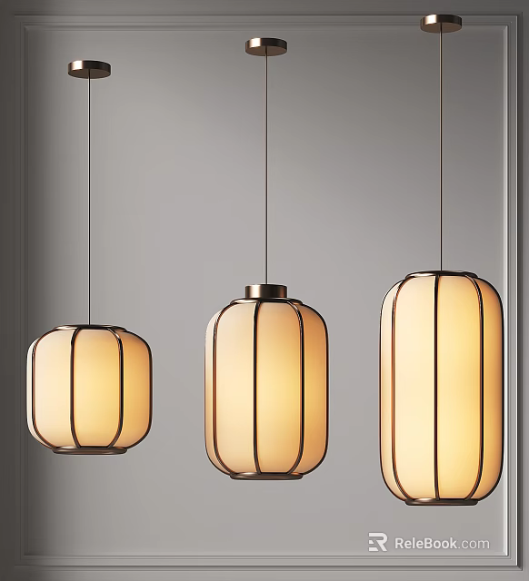 Modern Three Pendant Lights With Warm Toned Cylindrical Shades And Metal Frames 3d model 
