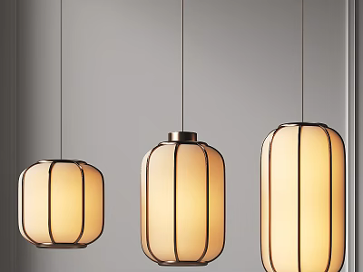 Modern Three Pendant Lights With Warm Toned Cylindrical Shades And Metal Frames 3d model