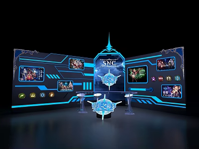 Modern Tech Exhibition Booth With SYC Logo Blue Lighting And Game Character Screens 3d model