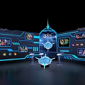 Modern Tech Exhibition Booth With SYC Logo Blue Lighting And Game Character Screens