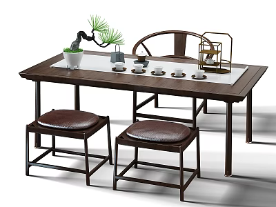 Chinese Style Dark Wood Tea Table and Chairs with Tea Set Green Plant and Decorations 3d model