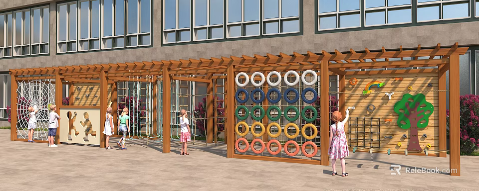 Outdoor Kids Play Area With Modern Building Wooden Pergola And Colorful Ring Climbing Frame 3d model 