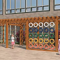 Outdoor Kids Play Area With Modern Building Wooden Pergola And Colorful Ring Climbing Frame
