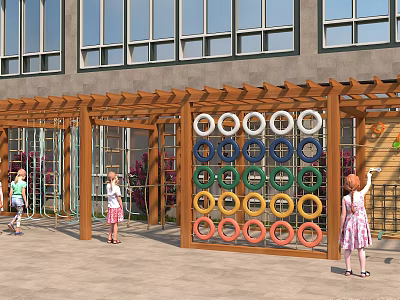 Outdoor Kids Play Area With Modern Building Wooden Pergola And Colorful Ring Climbing Frame 3d model