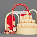 Decorative Photo Check In Spot Featuring Red Arch Golden Egg Tower And Gift Boxes