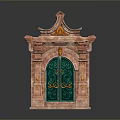 Ornate Decorative Gate With Green Roof Red Stone Structure And Golden Accents Elegant Steps Design