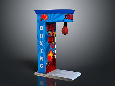 Blue Boxing Stand With Red Punching Ball And Flame Graphics On Platform Base 3d model