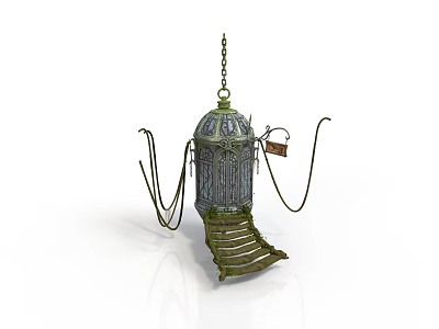 Ornate Decorative Birdcage With Intricate Metal Chains Staircase Base And Small Sign 3d model