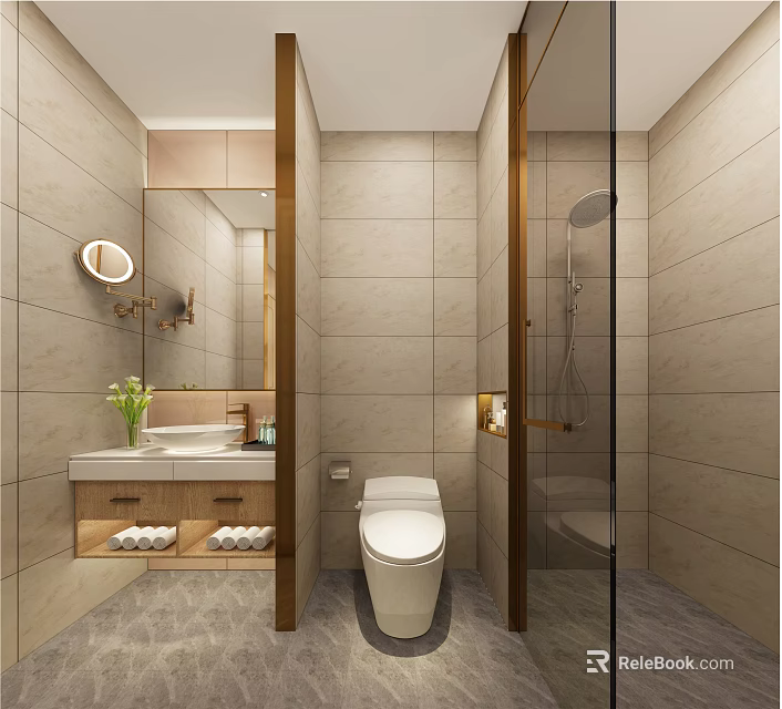 Modern Bathroom Interior With Wooden Vanity Mirror Toilet Glass Shower Light Tiles And Green Plants 3d model 