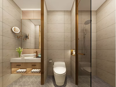 Modern Bathroom Interior With Wooden Vanity Mirror Toilet Glass Shower Light Tiles And Green Plants 3d model