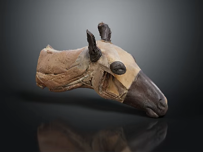 Handmade Animal Skull Sculpture With Leather Material Brown Beige Color Horns And Black Background Reflection 3d model