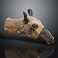 Handmade Animal Skull Sculpture With Leather Material Brown Beige Color Horns And Black Background Reflection