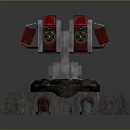 3D Model of Mechanical Device With Red Components Dual Barrels Rusty Pipes and Stone Base