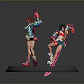 Two Female Characters In Colorful Outfits With Pink Skis Standing On Gray Round Base