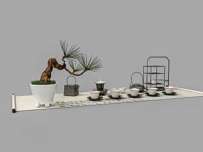 Minimalist Natural Tea Set With Teapot Teacups Metal Rack And Potted Pine Tree 3d model