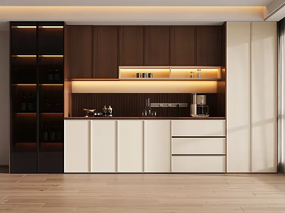 Modern Kitchen Wine Cabinet With Dark Wooden Design And Lighting Storage 3d model