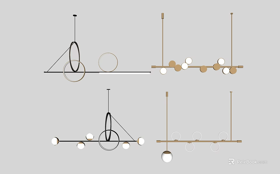 Modern Pendant Light Designs With Linear Metal Frames And Circular Ring Accents 3d model