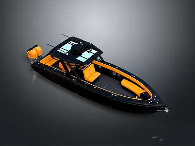 Modern Black Sport Boat With Yellow Seats And Outboard Engine Design Details 3d model
