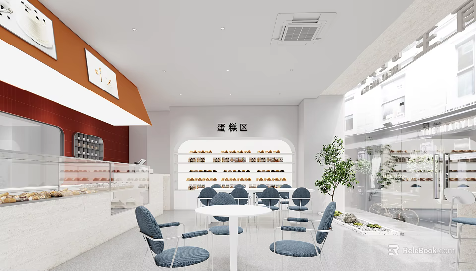 Modern Simple Dessert Shop Interior With Cake Area Display Cabinets Tables And Green Plant 3d model 