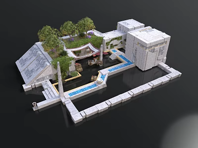 Architectural Model Featuring Green Roof Water Canal And White Geometric Structures 3d model